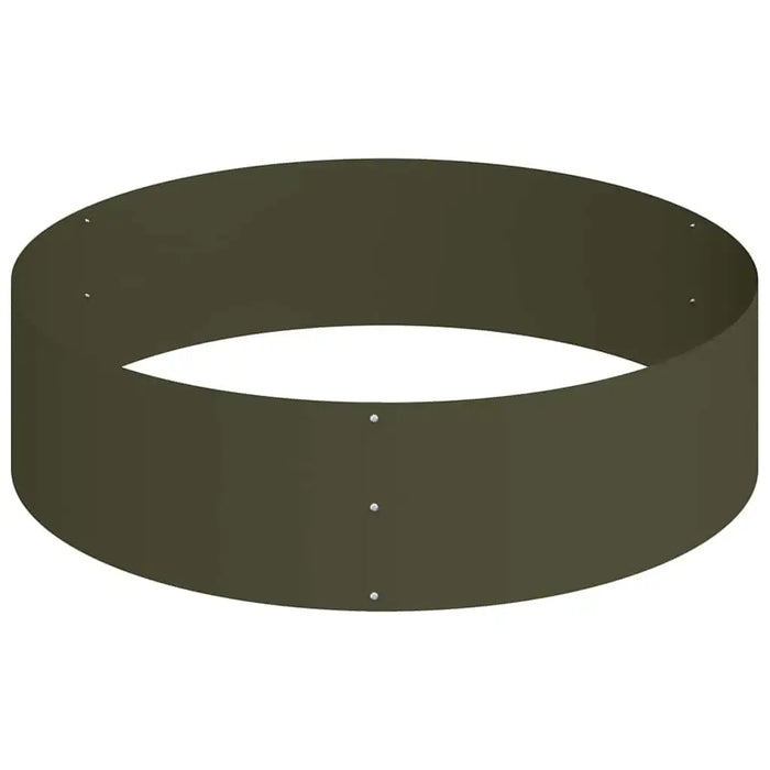Large cylindrical olive green metal planter ring with visible rivets