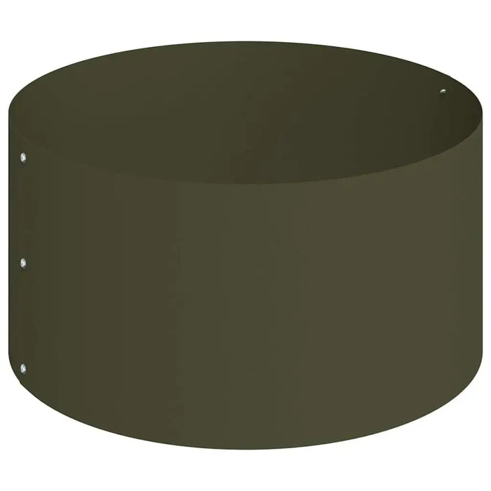 Large cylindrical olive green metal planter with round steel construction