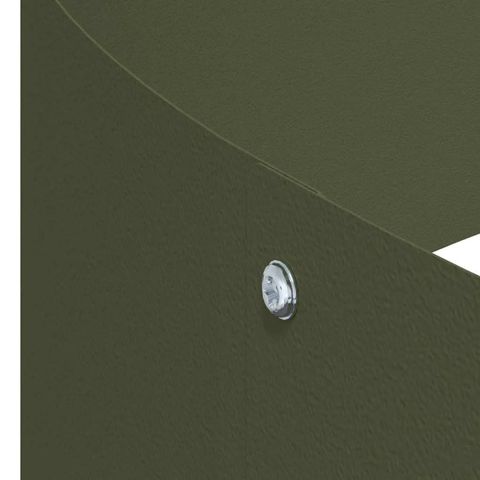Close-up of olive green cylindrical metal planter with smooth matte finish and silver screw detail