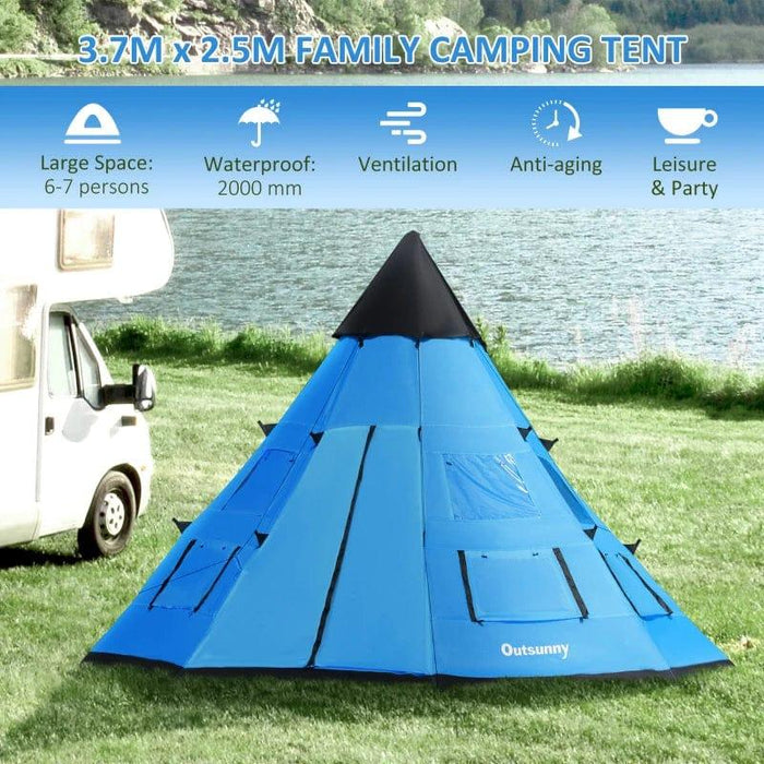 Large Family Party Camping Tent with Carrying Bag and Mesh Windows in Blue (6-7 persons) - Little and Giant Explorers Outsunny