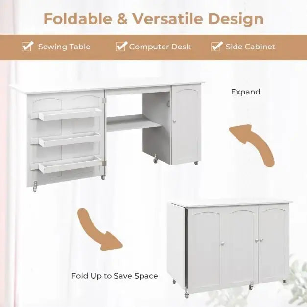 Large Folding Sewing Table | Multifunctional Desk with Cabinet Storage - Little and Giant Explorers Costway
