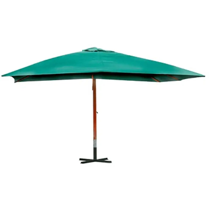 Large green outdoor parasol with wooden stand and cross base against white background
