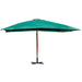 Large green outdoor parasol with wooden stand and cross base against white background