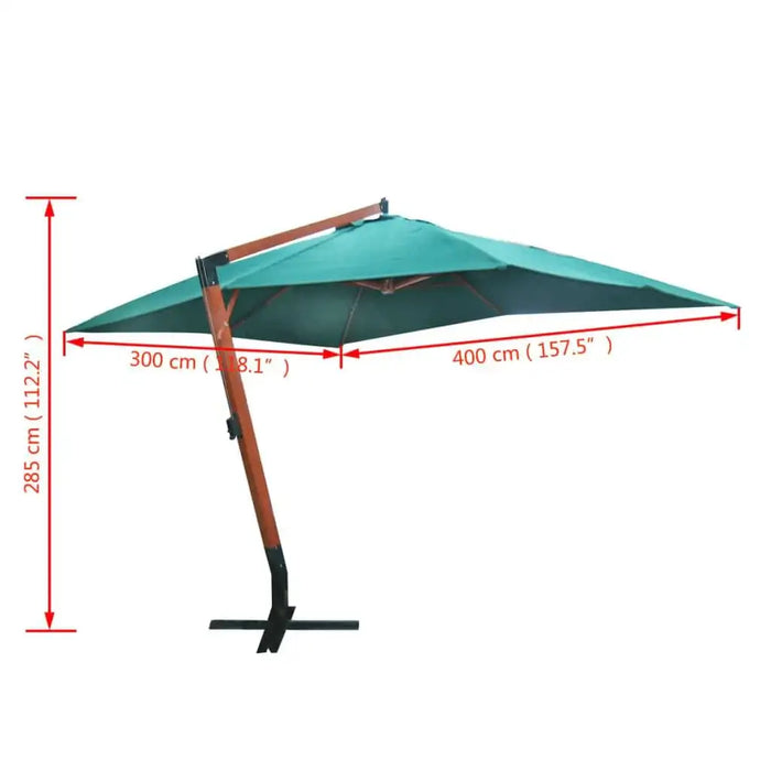 Large green floating parasol with wooden stand, 3x4m dimensions, adjustable outdoor umbrella