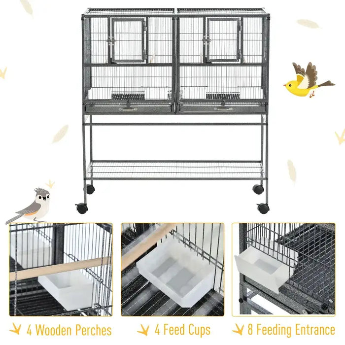 Large Indoor Bird Cage with Stand – Grey | Dual Compartment Convertible Budgie Cage PAWHUT - Little and Giant Explorers PawHut