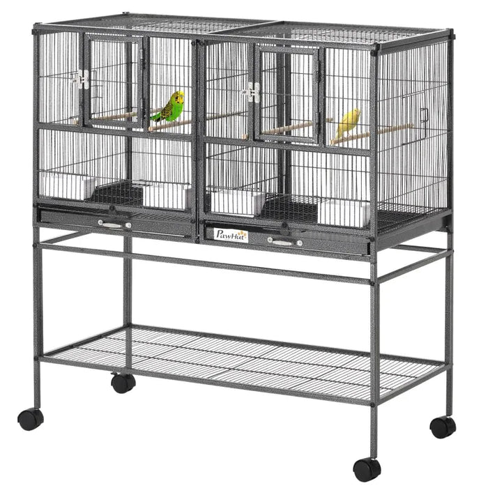 Large Indoor Bird Cage with Stand – Grey | Dual Compartment Convertible Budgie Cage PAWHUT - Little and Giant Explorers PawHut