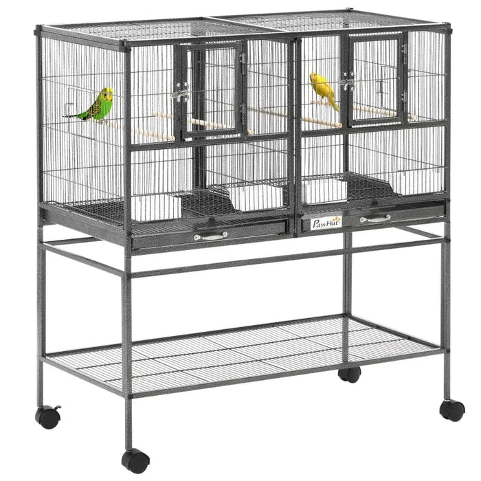 Large Indoor Bird Cage with Stand – Grey | Dual Compartment Convertible Budgie Cage PAWHUT - Little and Giant Explorers PawHut