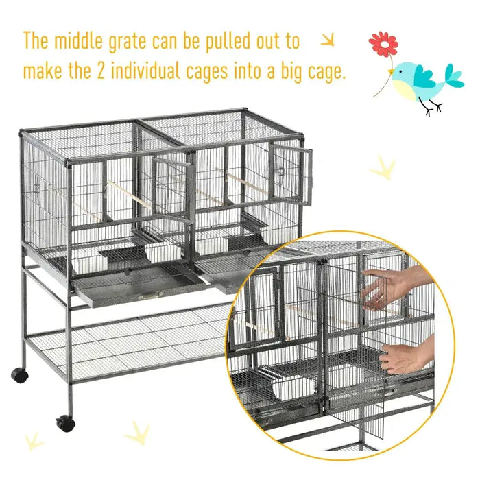 Large Indoor Bird Cage with Stand – Grey | Dual Compartment Convertible Budgie Cage PAWHUT - Little and Giant Explorers PawHut