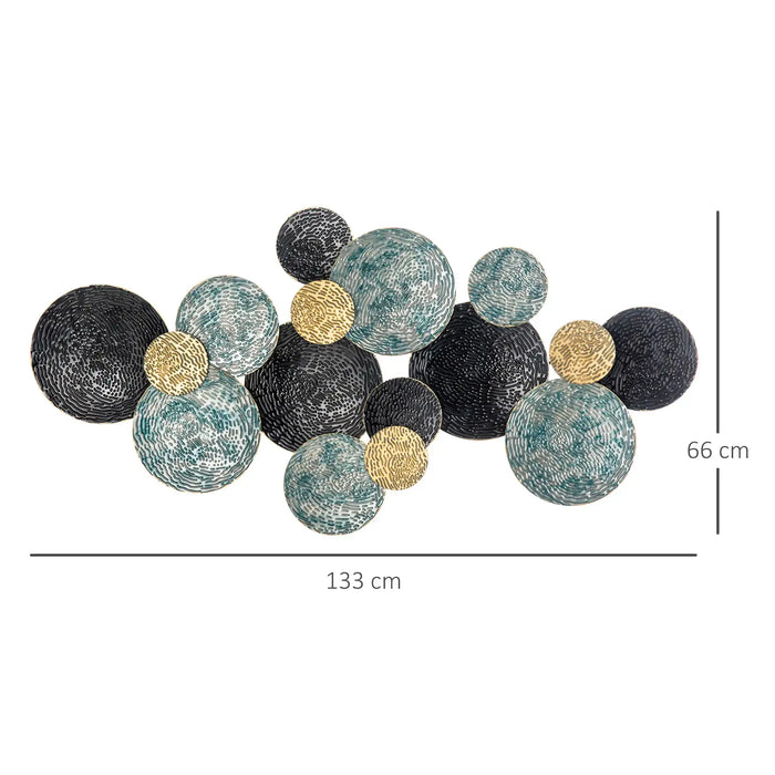 Decorative wall art with colorful spherical elements on a white background