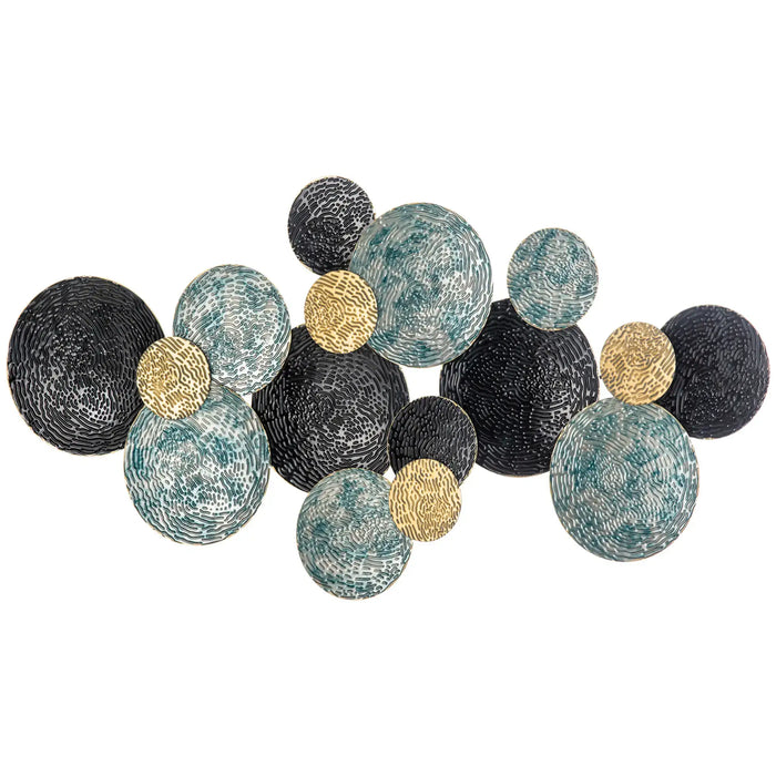 Decorative wall piece with black, gold, and teal spherical elements on a white background
