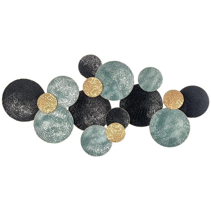 Decorative wall art with round, textured pieces in black, gold, and green on a white background