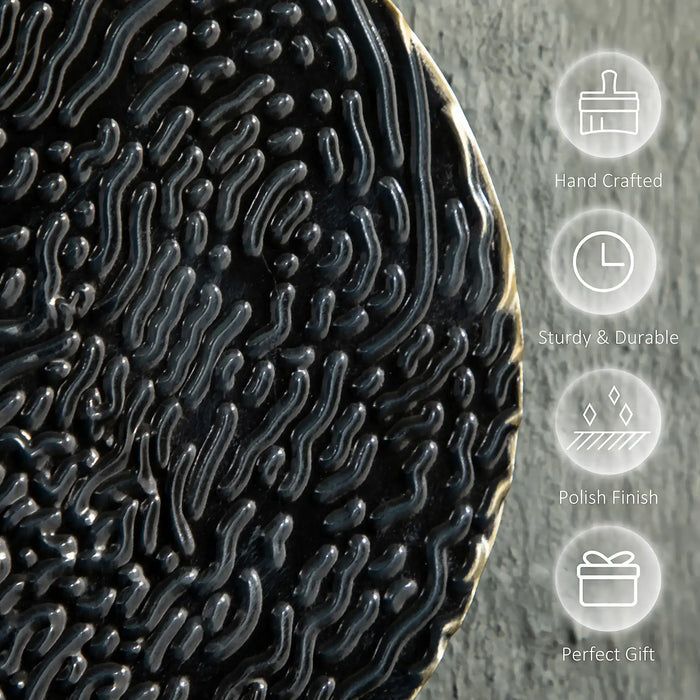 Close-up of a black textured product with icons and text on a gray background