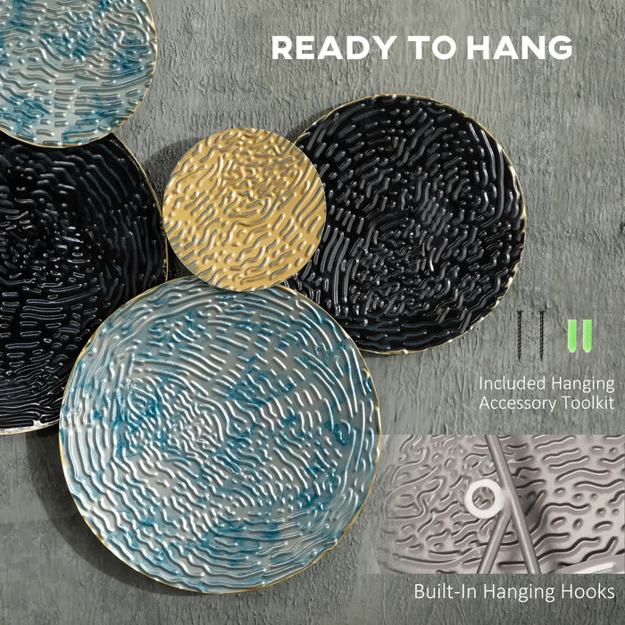 Decorative wall art pieces with textured surfaces on a gray background, featuring text 'Ready to Hang' and 'Included Hanging Accessory Toolkit'.