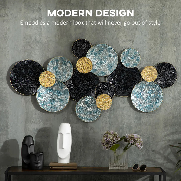 Decorative wall art with circular plates on a gray wall, featuring text about modern design.