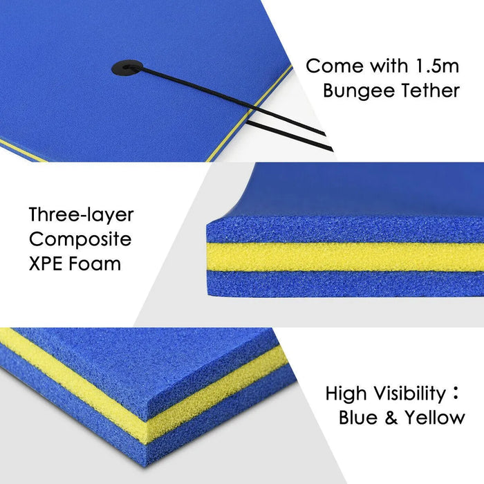 Blue and yellow three-layer XPE foam water float with bungee tether, high visibility pool lounger.