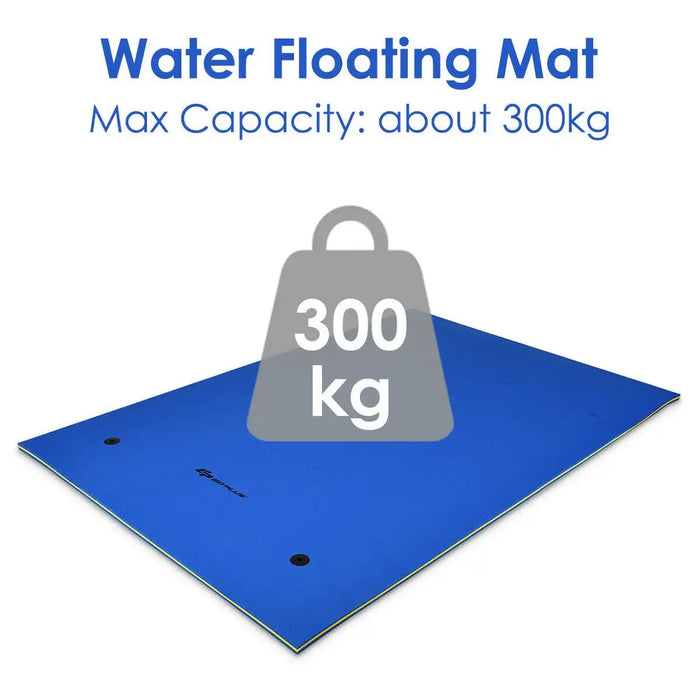 Blue premium foam water floating mat with 300kg weight capacity label on white background