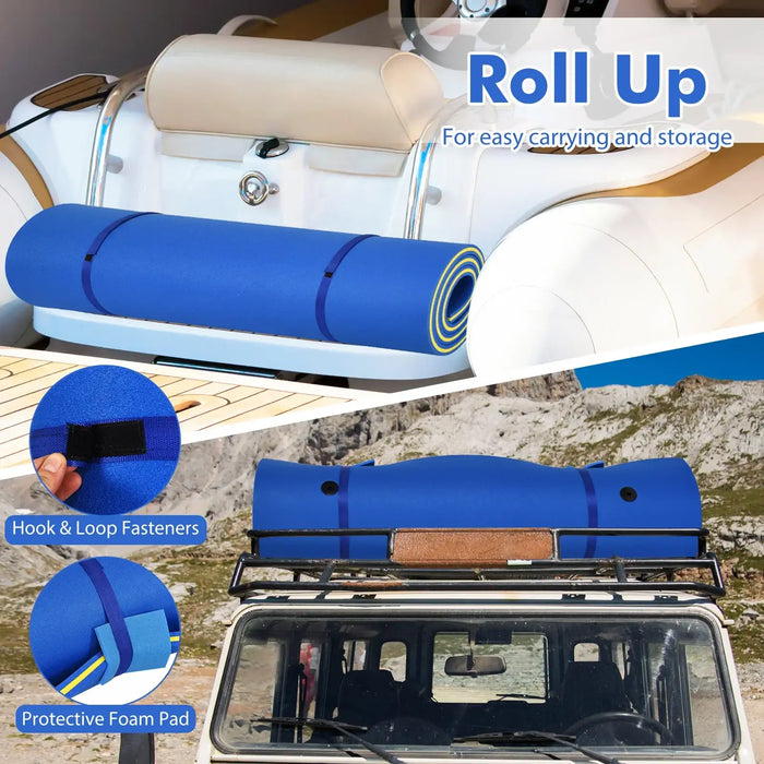 Blue premium foam water float rolled up on a boat, secured to a car roof, with hook and loop fasteners and protective foam pad.