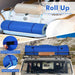 Blue premium foam water float rolled up on a boat, secured to a car roof, with hook and loop fasteners and protective foam pad.