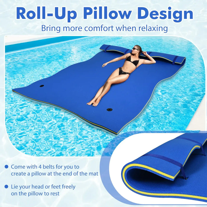 Large premium foam pool float lounger with roll-up pillow, woman relaxing in swimming pool