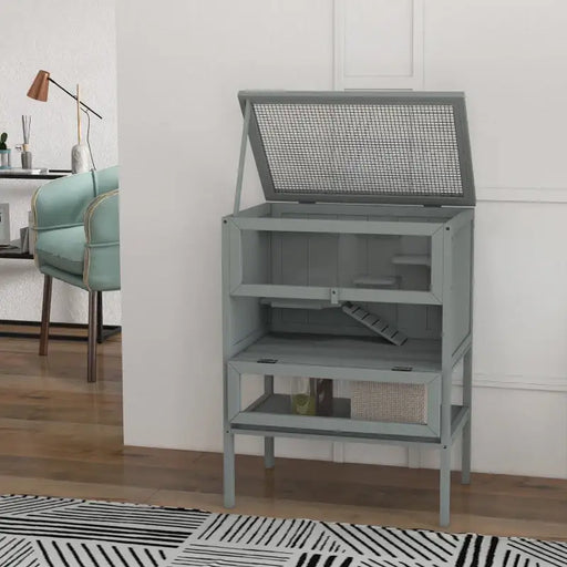 Large Syrian Hamster Cage – Grey | Multi-Level Wooden Habitat with Platforms PAWHUT - Little and Giant Explorers PawHut