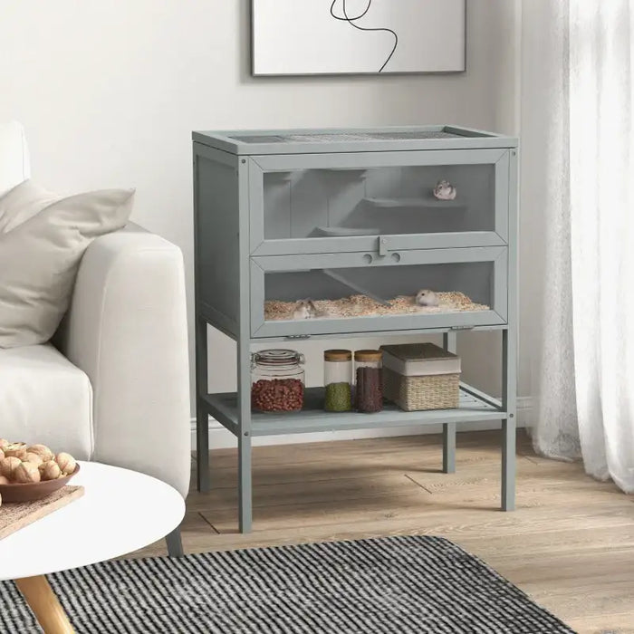 Large Syrian Hamster Cage – Grey | Multi-Level Wooden Habitat with Platforms PAWHUT - Little and Giant Explorers PawHut