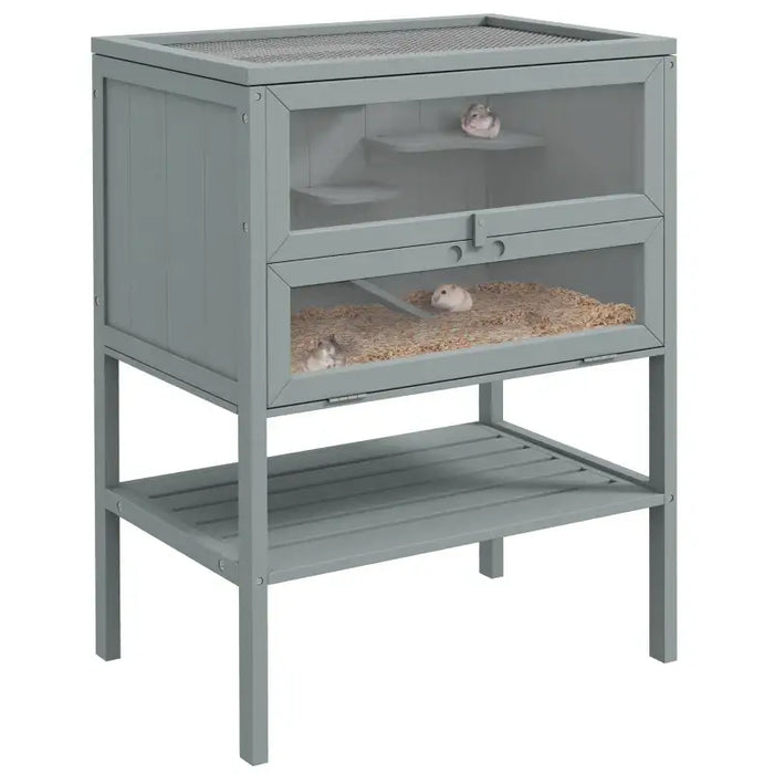 Large Syrian Hamster Cage – Grey | Multi-Level Wooden Habitat with Platforms PAWHUT - Little and Giant Explorers PawHut