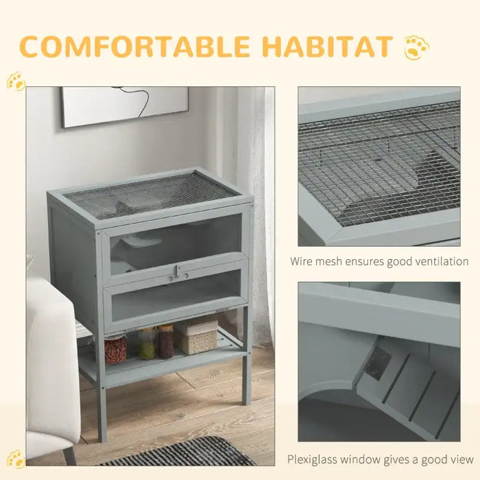 Large Syrian Hamster Cage – Grey | Multi-Level Wooden Habitat with Platforms PAWHUT - Little and Giant Explorers PawHut