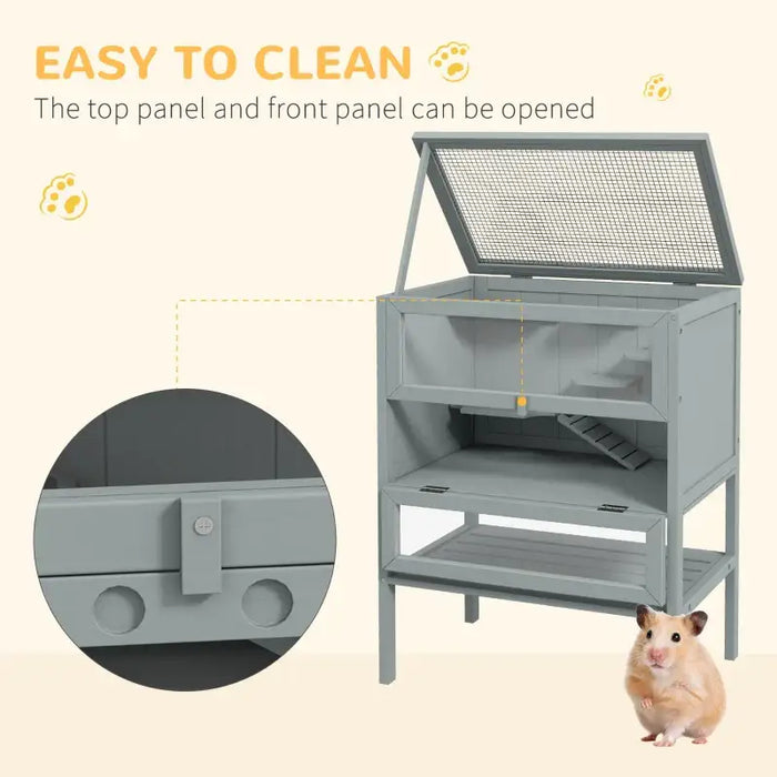 Large Syrian Hamster Cage – Grey | Multi-Level Wooden Habitat with Platforms PAWHUT - Little and Giant Explorers PawHut