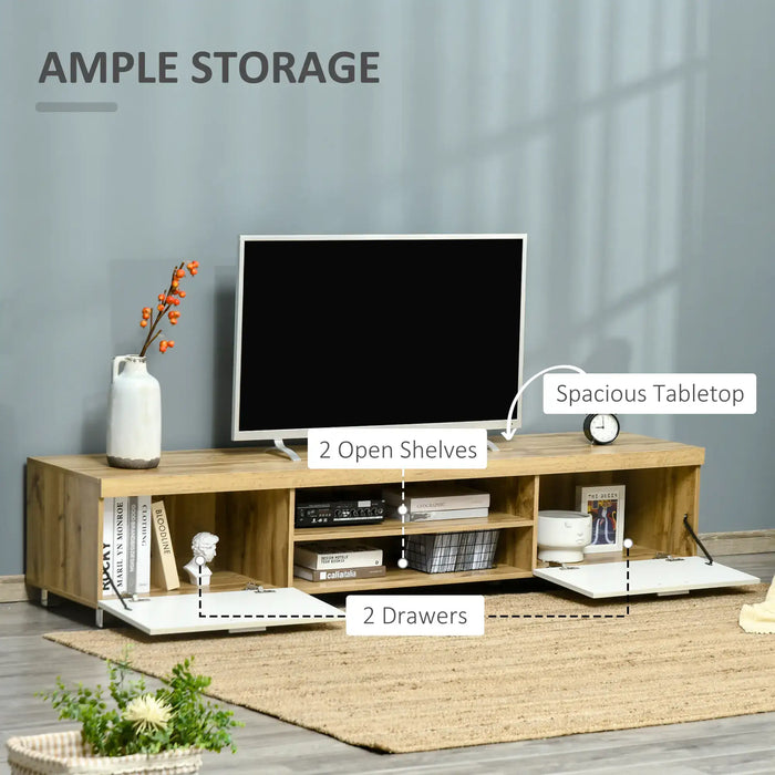 Oak 90-inch TV stand with spacious tabletop, 2 open shelves, and 2 drawers for ample storage