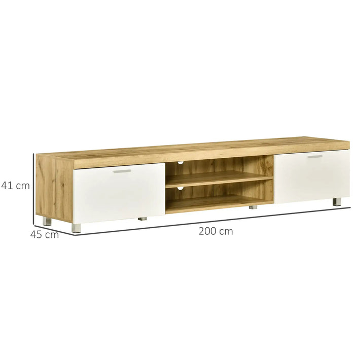 200cm oak TV stand with white storage cabinets and shelves, modern low-profile design
