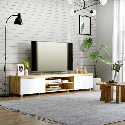 Modern living room with 90-inch oak TV stand featuring white storage cabinets, shelves, floor lamp, and plants