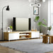 Modern living room with 90-inch oak TV stand featuring white storage cabinets, shelves, floor lamp, and plants