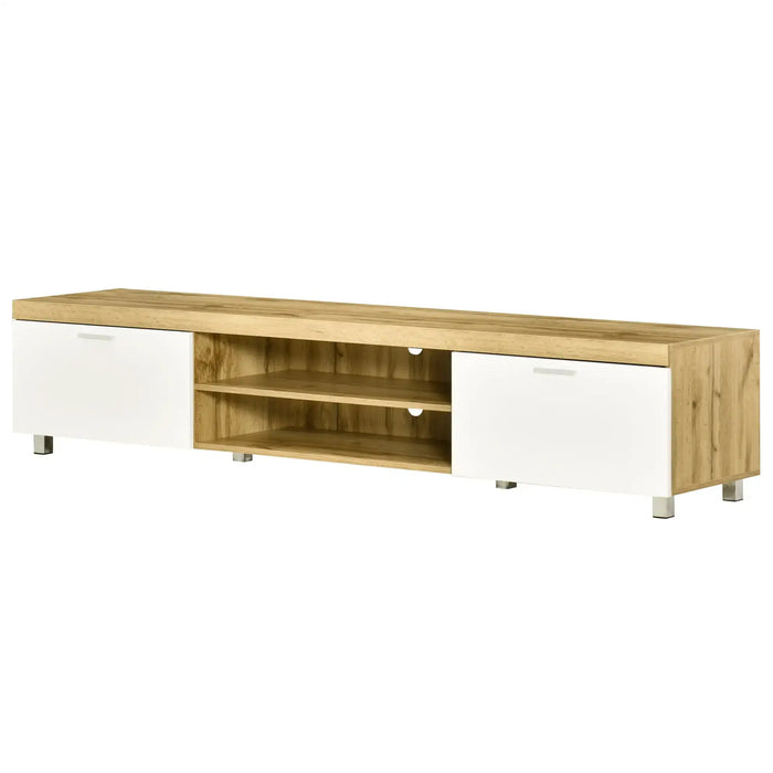 90-inch oak TV stand with white storage cabinets and open shelves, modern living room furniture