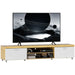 90 inch oak TV stand with white cabinets, open shelves holding electronics and decor