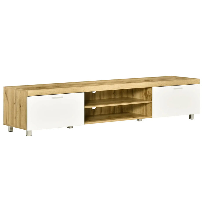 Modern oak and white 90-inch TV stand with two storage cabinets and open shelves for media devices