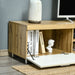 Oak TV stand with storage cabinets, open white door, decorative books and white bust sculpture