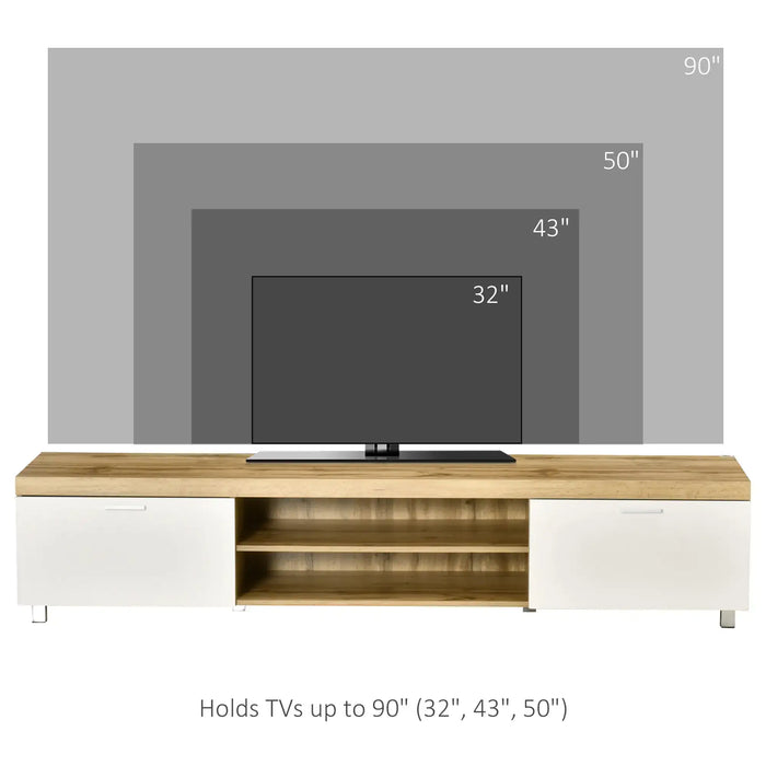 90-inch oak TV stand with white storage cabinets and shelves holds TVs up to 90 inches