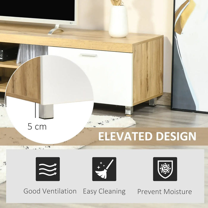 Oak and white TV stand with storage cabinets, elevated 5 cm design for ventilation and easy cleaning