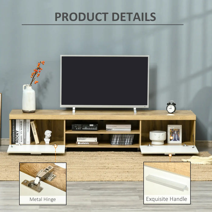 Oak 90-inch TV stand with storage cabinets, shelves, decorative vase, and clock in modern living room