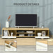 Oak 90-inch TV stand with storage cabinets, shelves, decorative vase, and clock in modern living room