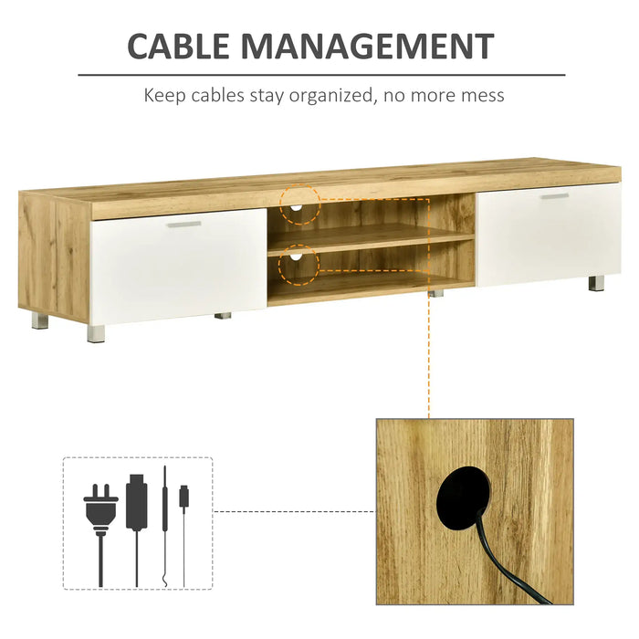 Oak TV stand with white storage cabinets and shelves featuring cable management holes for organized cables