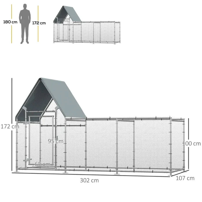 Large Walk In Chicken Run Chicken Coop for 6-8 Chickens (302 x 107 x 172cm) - Little and Giant Explorers PawHut