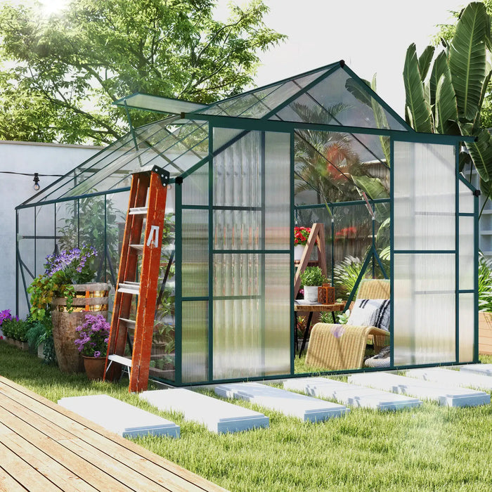 8 x 12FT Walk-in Aluminium Greenhouse Polycarbonate in Green - Little and Giant Explorers Outsunny