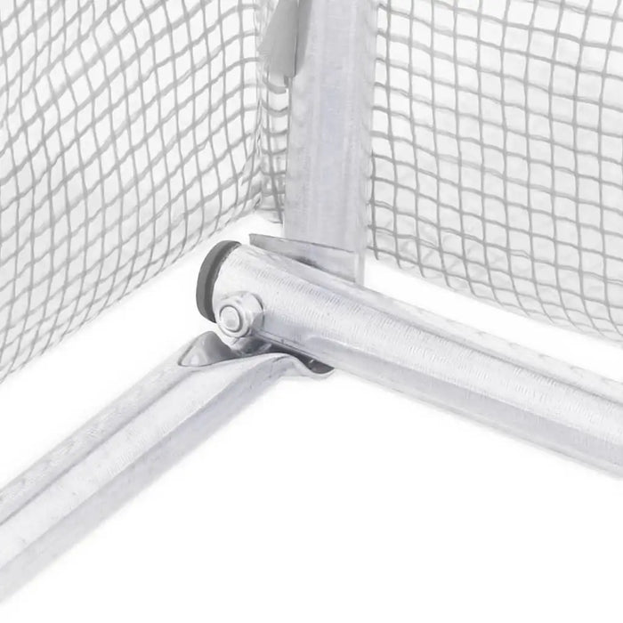 Close-up of polytunnel greenhouse metal frame with heavy-duty PE mesh cover.