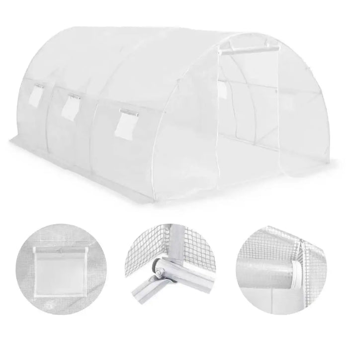 Large walk-in polytunnel greenhouse with mesh cover, windows, and metal frame details