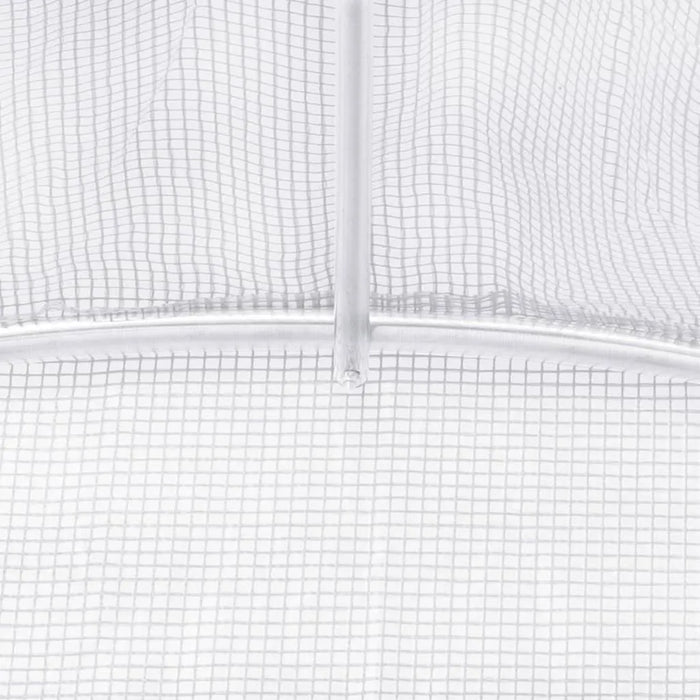 Close-up of walk-in polytunnel greenhouse metal frame with heavy-duty PE mesh cover