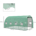 Large green walk-in polytunnel greenhouse with mesh cover and dimensions labeled