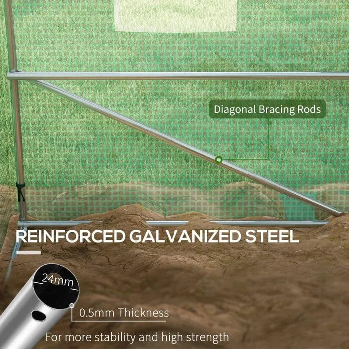 Close-up of polytunnel greenhouse galvanized steel frame with diagonal bracing rods