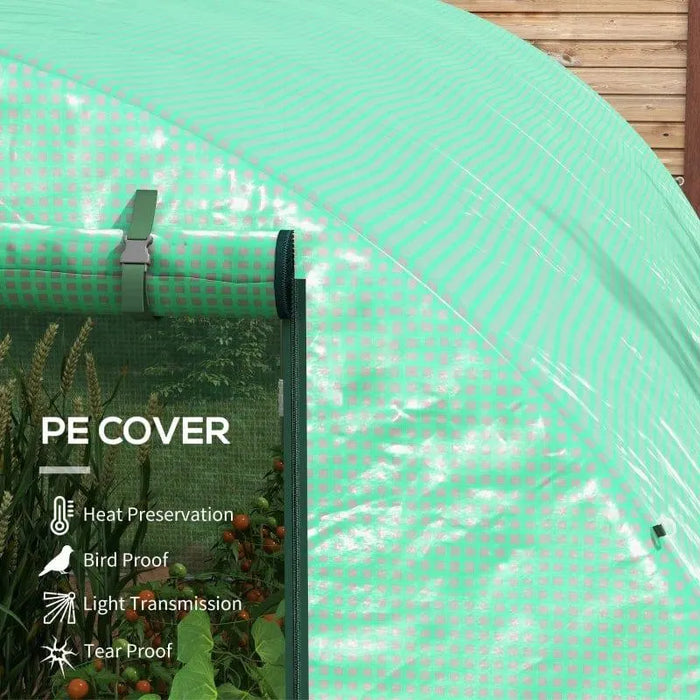 Close-up of green polytunnel PE cover showing zipper door, tomatoes, and feature icons.