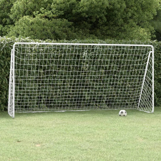 Large white football goal with powder-coated steel frame and soccer ball on green grass